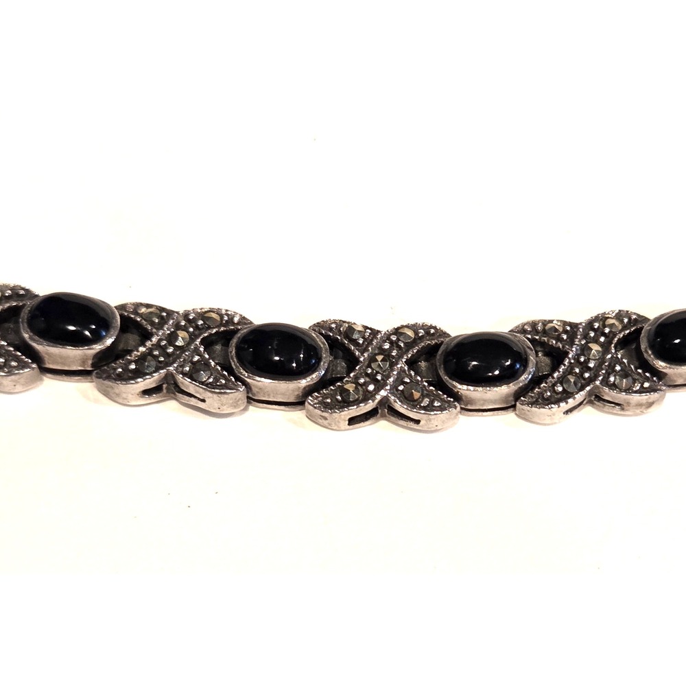 Vintage 1970s Sterling Silver Marcasite and Black Onyx XO Tennis Bracelet